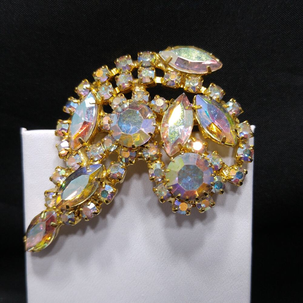 Aurora Borealis Rhinestone Brooch, Gold Plated, AB Clear Rhinestones, 1960s